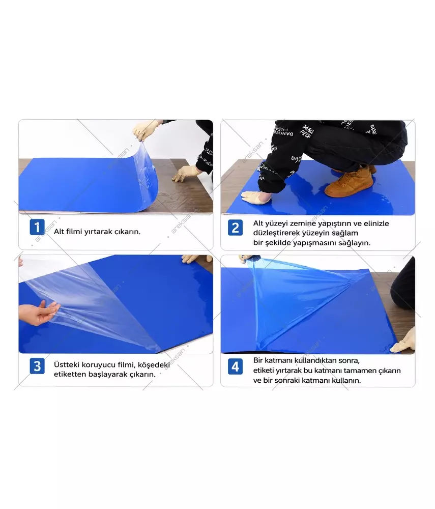 Yapışkanlı Yaprak Paspas Mavi 45x115 cm – 300 Yaprak (10 Plaka x 30 Yaprak)