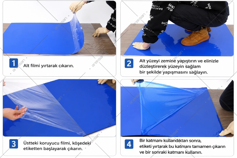 Yapışkanlı Yaprak Paspas Mavi 45x115 cm – 300 Yaprak (10 Plaka x 30 Yaprak)